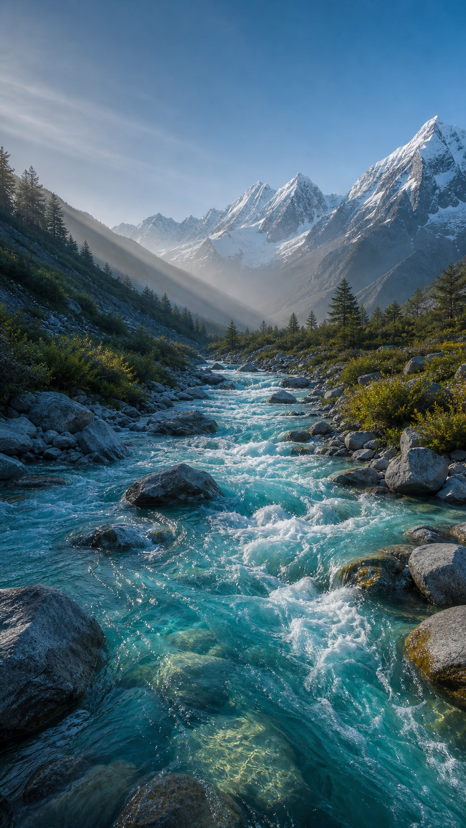 Clear Himalayan-inspired turquoise river flowing through rocks