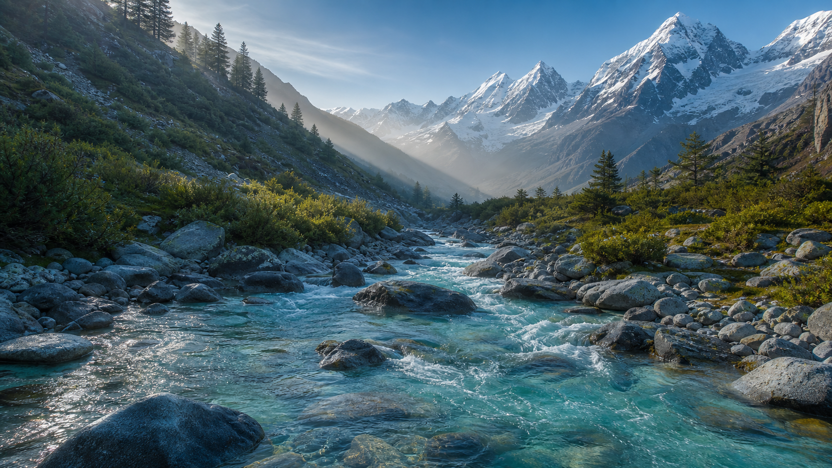 Himalayan-inspired mountain river flowing through a clear rocky valley